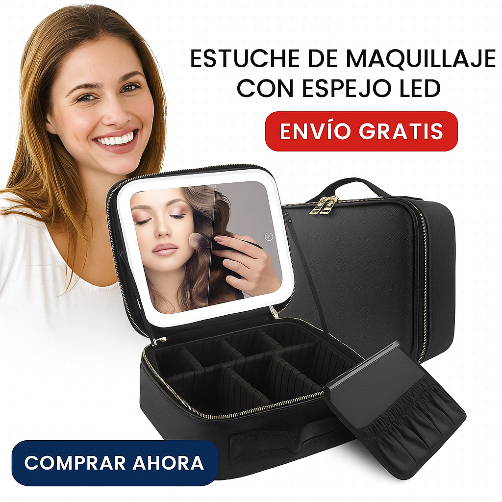 Estuche de Maquillaje con Espejo LED Recargable Negro + REGALO