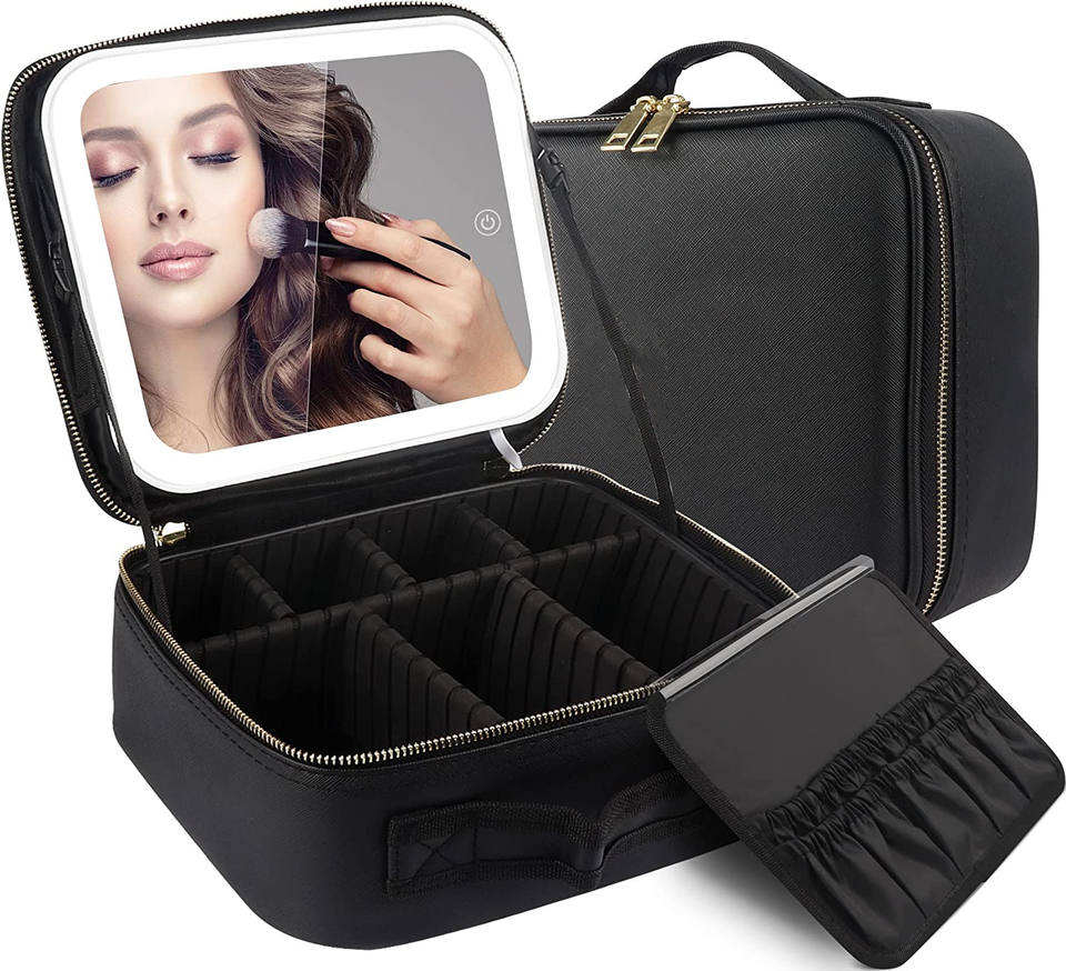 Estuche de Maquillaje con Espejo LED Recargable Negro + REGALO