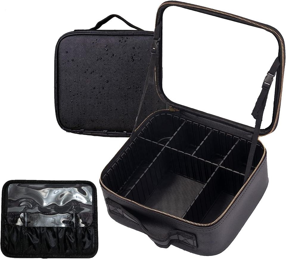 Estuche de Maquillaje con Espejo LED Recargable Negro + REGALO