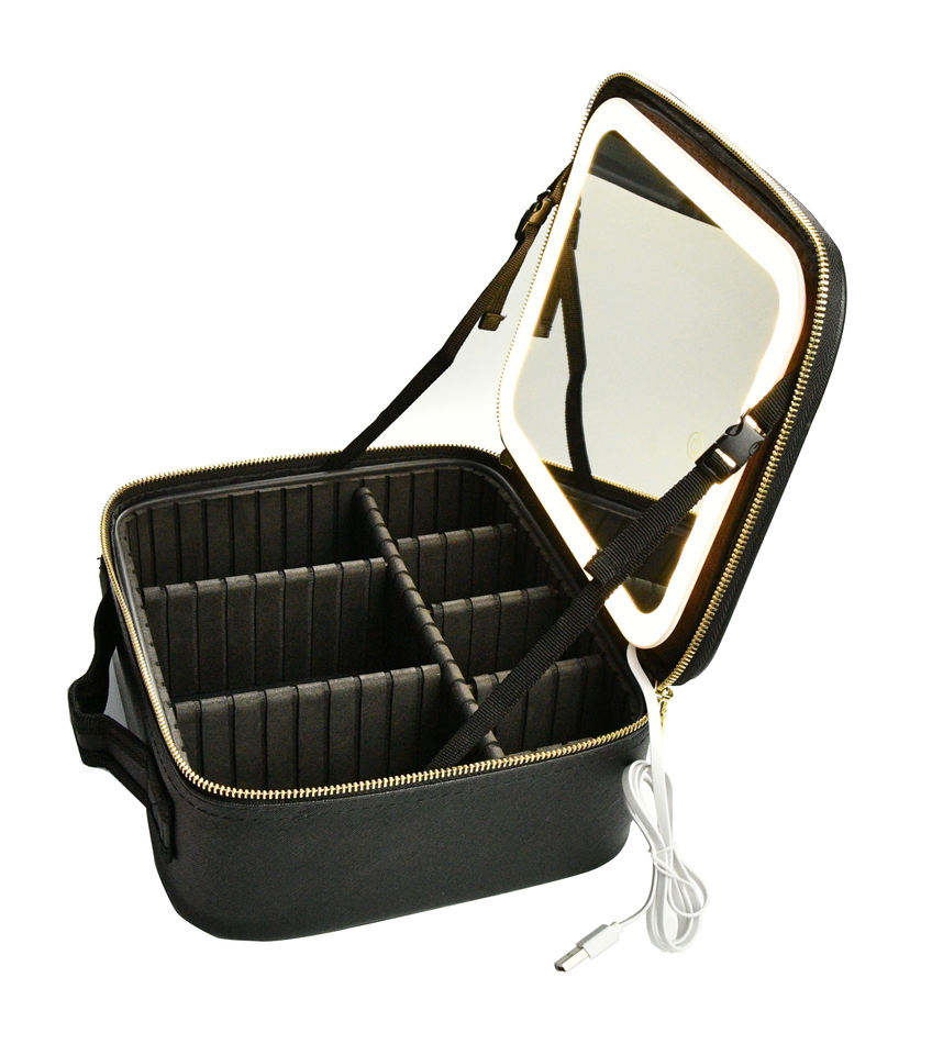 Estuche de Maquillaje con Espejo LED Recargable Negro + REGALO