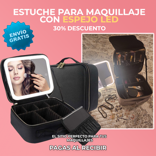 Estuche de Maquillaje con Espejo LED Recargable Negro + REGALO